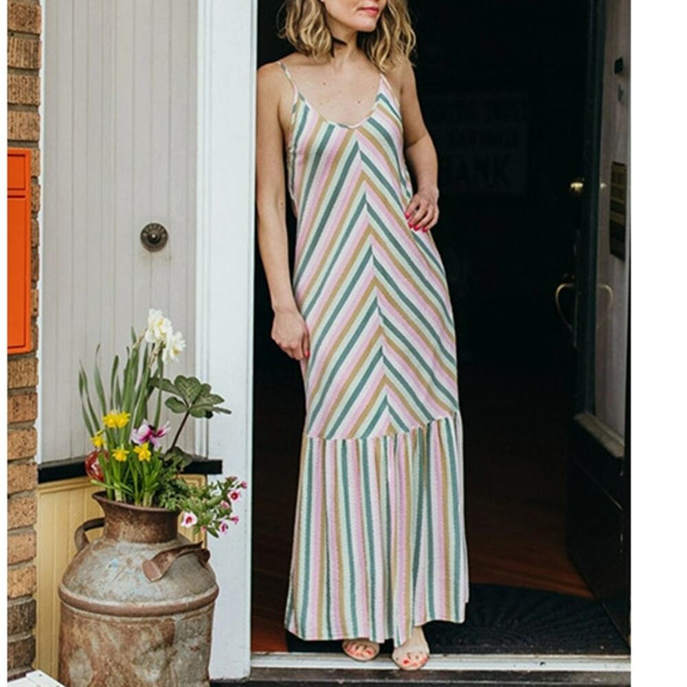 Self Contrast Amelia Dress Women's Large NWT Stripe Maxi Drop Hem Clover Rainbow